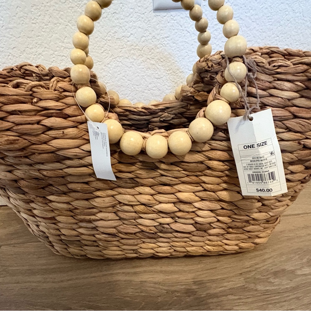 a new day Brown Woven Tote with Cream Beaded Handles